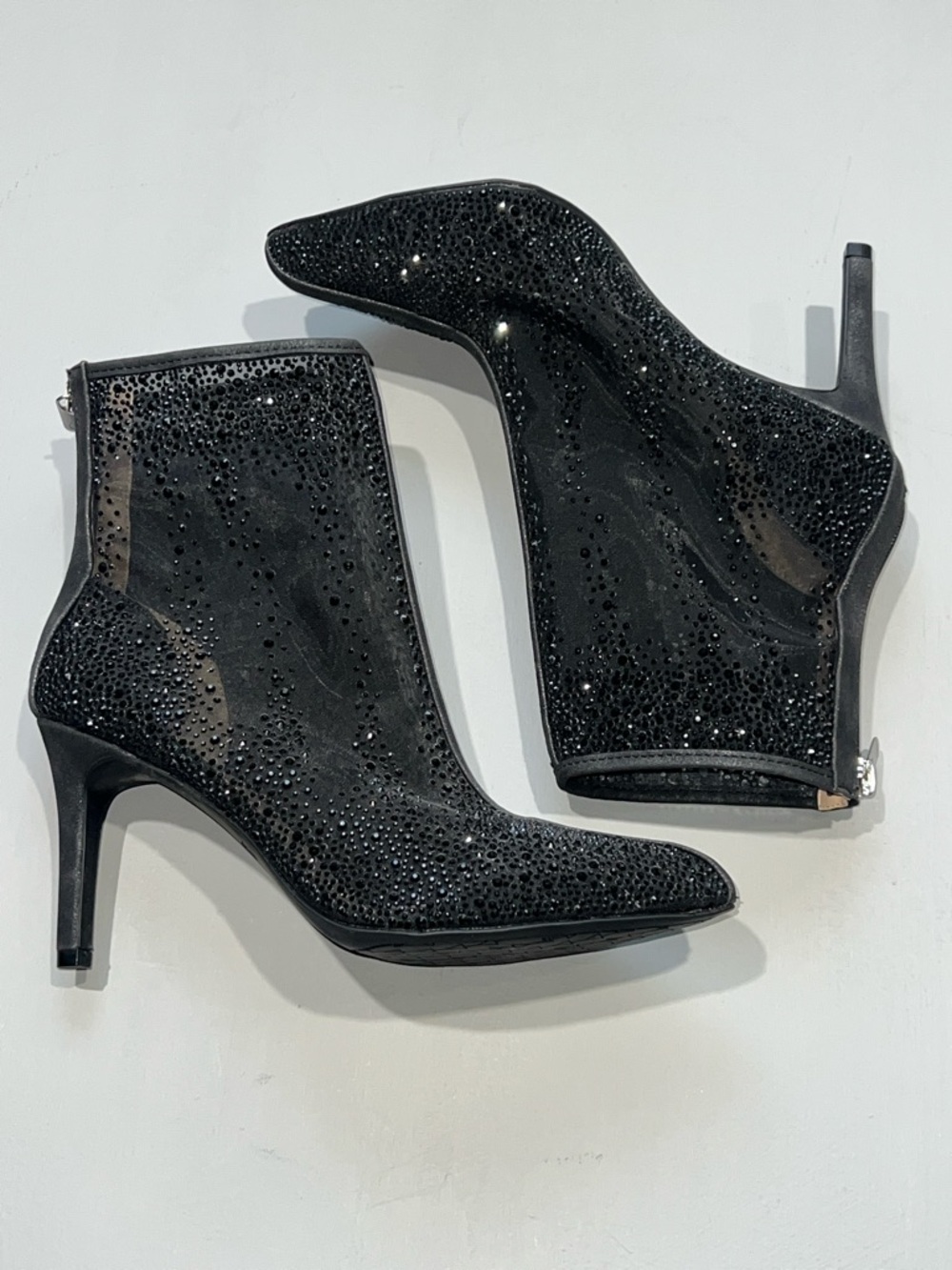 Adrienne Vittadini Black Crystal-Embellished Pointed-Toe mesh  Ankle Boots